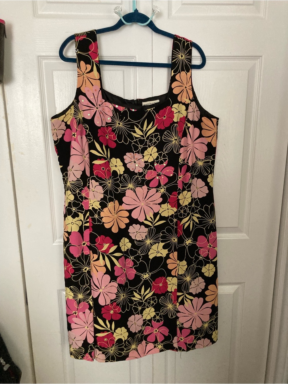 Amanda Smith Black Floral Mini Dress with Pink & Yellow Blooms